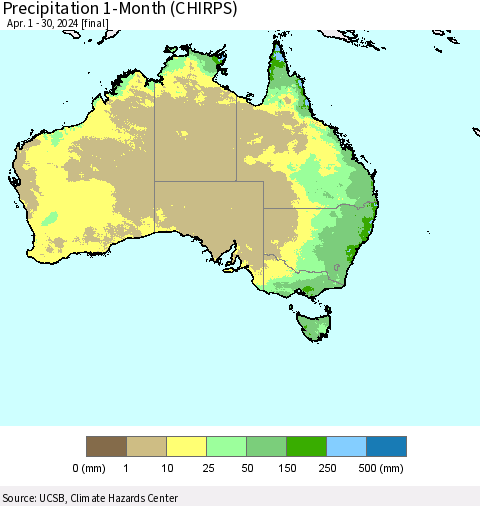 Australia Precipitation 1-Month (CHIRPS) Thematic Map For 4/1/2024 - 4/30/2024