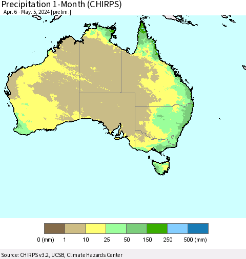 Australia Precipitation 1-Month (CHIRPS) Thematic Map For 4/6/2024 - 5/5/2024