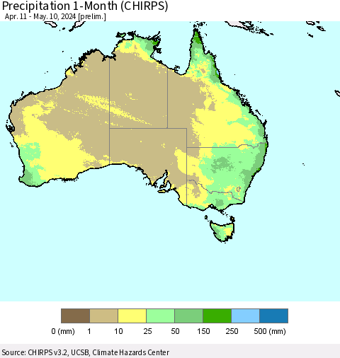 Australia Precipitation 1-Month (CHIRPS) Thematic Map For 4/11/2024 - 5/10/2024