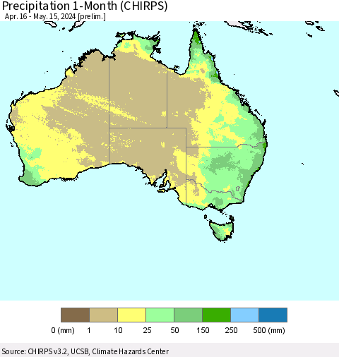 Australia Precipitation 1-Month (CHIRPS) Thematic Map For 4/16/2024 - 5/15/2024