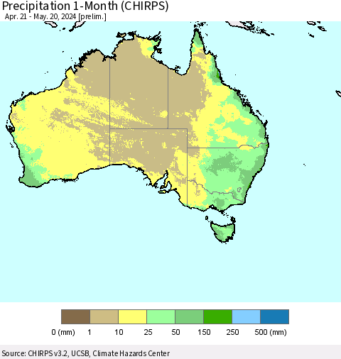 Australia Precipitation 1-Month (CHIRPS) Thematic Map For 4/21/2024 - 5/20/2024