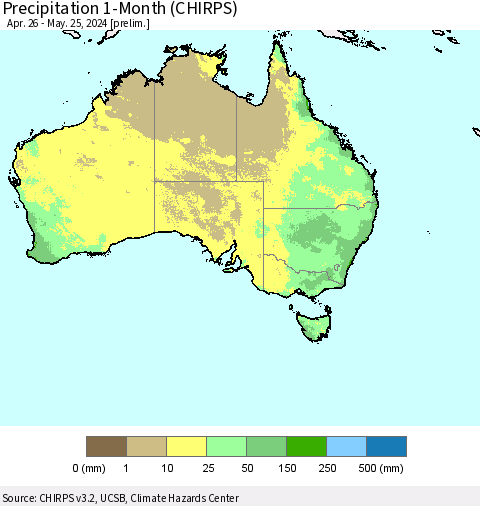 Australia Precipitation 1-Month (CHIRPS) Thematic Map For 4/26/2024 - 5/25/2024