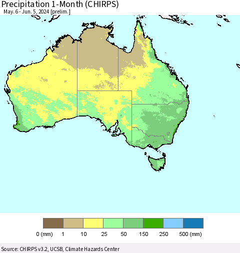 Australia Precipitation 1-Month (CHIRPS) Thematic Map For 5/6/2024 - 6/5/2024