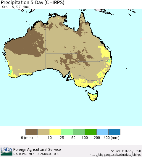 Australia Precipitation 5-Day (CHIRPS) Thematic Map For 10/1/2021 - 10/5/2021
