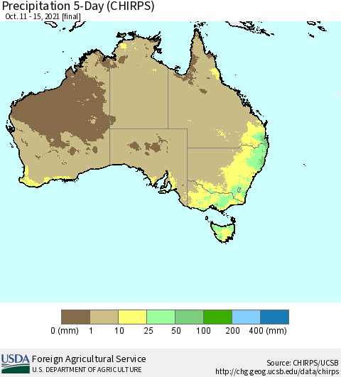 Australia Precipitation 5-Day (CHIRPS) Thematic Map For 10/11/2021 - 10/15/2021