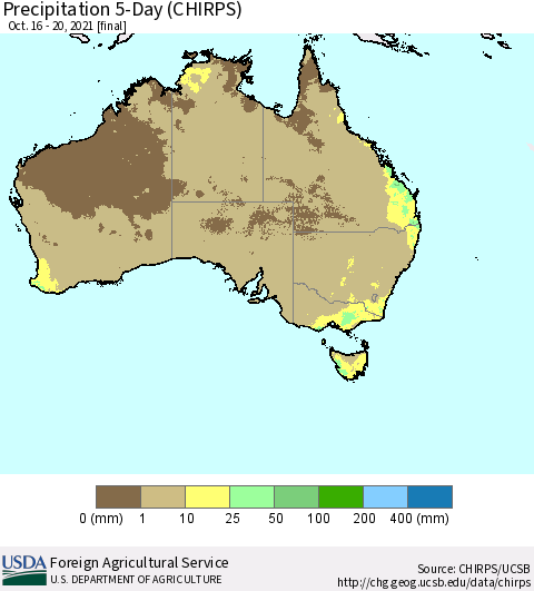 Australia Precipitation 5-Day (CHIRPS) Thematic Map For 10/16/2021 - 10/20/2021