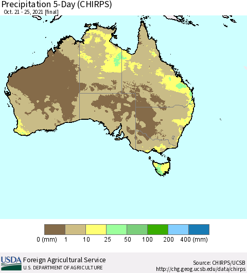 Australia Precipitation 5-Day (CHIRPS) Thematic Map For 10/21/2021 - 10/25/2021
