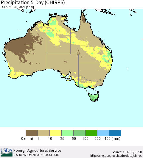 Australia Precipitation 5-Day (CHIRPS) Thematic Map For 10/26/2021 - 10/31/2021