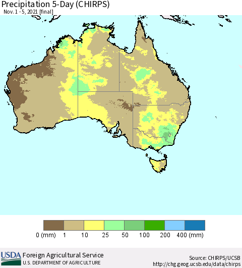 Australia Precipitation 5-Day (CHIRPS) Thematic Map For 11/1/2021 - 11/5/2021