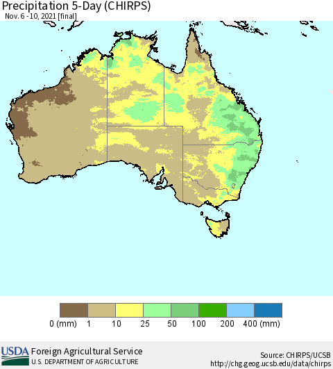 Australia Precipitation 5-Day (CHIRPS) Thematic Map For 11/6/2021 - 11/10/2021