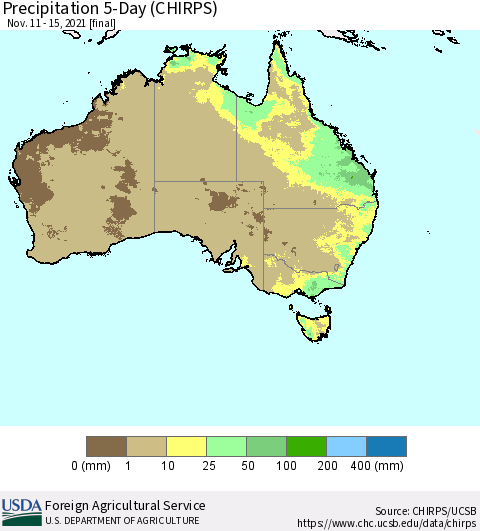 Australia Precipitation 5-Day (CHIRPS) Thematic Map For 11/11/2021 - 11/15/2021