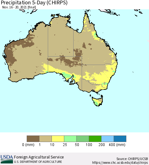 Australia Precipitation 5-Day (CHIRPS) Thematic Map For 11/16/2021 - 11/20/2021