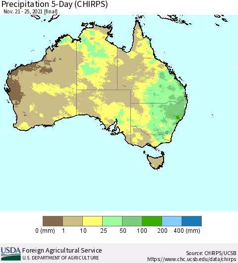 Australia Precipitation 5-Day (CHIRPS) Thematic Map For 11/21/2021 - 11/25/2021