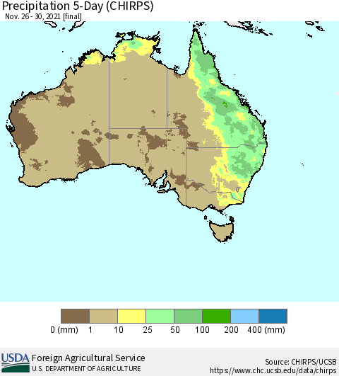 Australia Precipitation 5-Day (CHIRPS) Thematic Map For 11/26/2021 - 11/30/2021