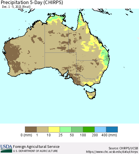 Australia Precipitation 5-Day (CHIRPS) Thematic Map For 12/1/2021 - 12/5/2021
