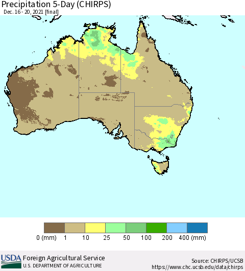 Australia Precipitation 5-Day (CHIRPS) Thematic Map For 12/16/2021 - 12/20/2021