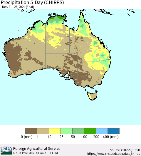 Australia Precipitation 5-Day (CHIRPS) Thematic Map For 12/21/2021 - 12/25/2021