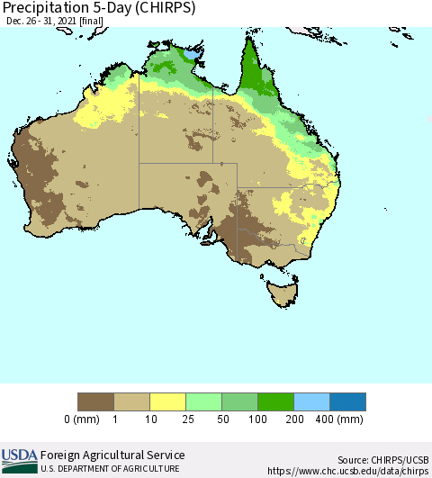 Australia Precipitation 5-Day (CHIRPS) Thematic Map For 12/26/2021 - 12/31/2021