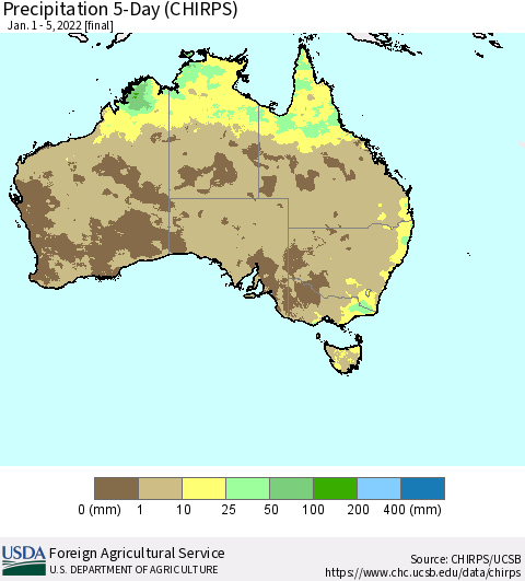 Australia Precipitation 5-Day (CHIRPS) Thematic Map For 1/1/2022 - 1/5/2022
