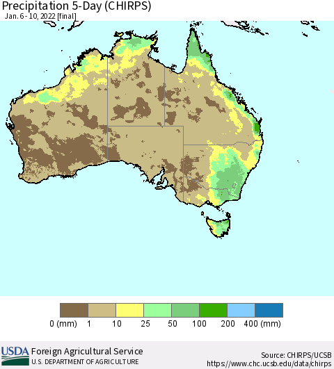 Australia Precipitation 5-Day (CHIRPS) Thematic Map For 1/6/2022 - 1/10/2022