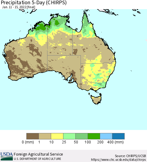 Australia Precipitation 5-Day (CHIRPS) Thematic Map For 1/11/2022 - 1/15/2022