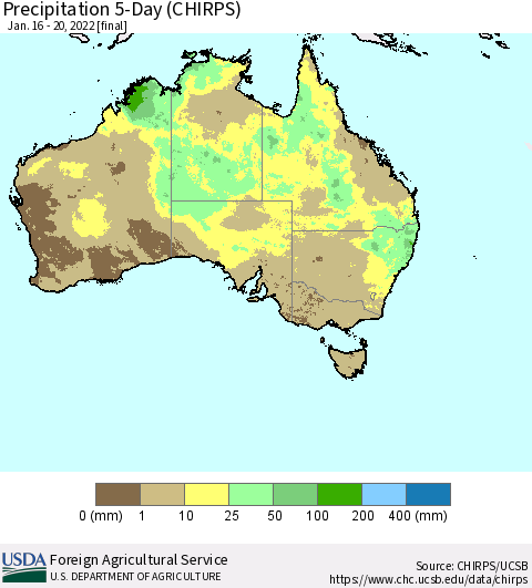 Australia Precipitation 5-Day (CHIRPS) Thematic Map For 1/16/2022 - 1/20/2022