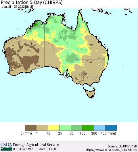Australia Precipitation 5-Day (CHIRPS) Thematic Map For 1/21/2022 - 1/25/2022
