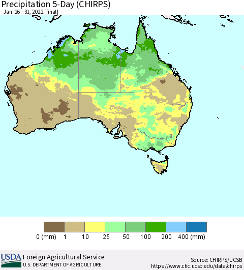 Australia Precipitation 5-Day (CHIRPS) Thematic Map For 1/26/2022 - 1/31/2022