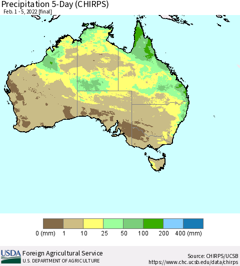 Australia Precipitation 5-Day (CHIRPS) Thematic Map For 2/1/2022 - 2/5/2022