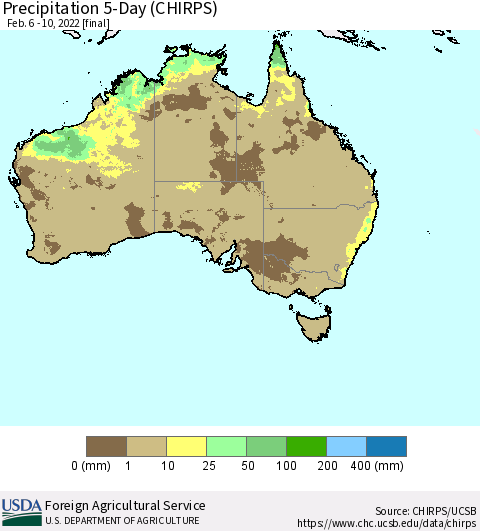 Australia Precipitation 5-Day (CHIRPS) Thematic Map For 2/6/2022 - 2/10/2022
