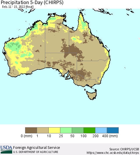 Australia Precipitation 5-Day (CHIRPS) Thematic Map For 2/11/2022 - 2/15/2022