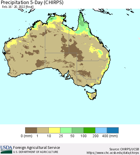 Australia Precipitation 5-Day (CHIRPS) Thematic Map For 2/16/2022 - 2/20/2022