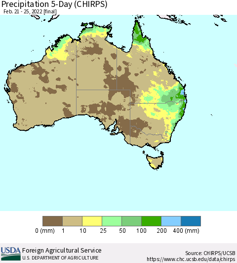 Australia Precipitation 5-Day (CHIRPS) Thematic Map For 2/21/2022 - 2/25/2022