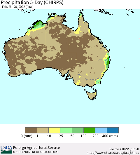 Australia Precipitation 5-Day (CHIRPS) Thematic Map For 2/26/2022 - 2/28/2022