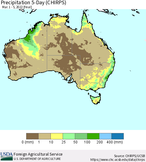 Australia Precipitation 5-Day (CHIRPS) Thematic Map For 3/1/2022 - 3/5/2022
