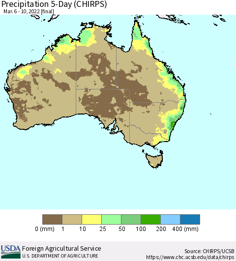 Australia Precipitation 5-Day (CHIRPS) Thematic Map For 3/6/2022 - 3/10/2022