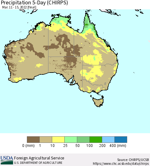 Australia Precipitation 5-Day (CHIRPS) Thematic Map For 3/11/2022 - 3/15/2022