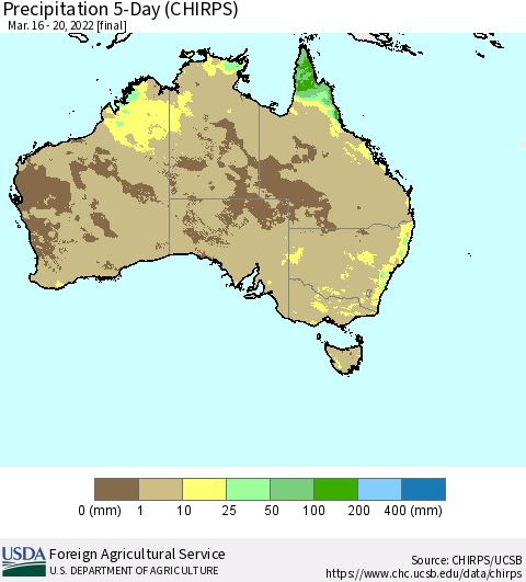 Australia Precipitation 5-Day (CHIRPS) Thematic Map For 3/16/2022 - 3/20/2022