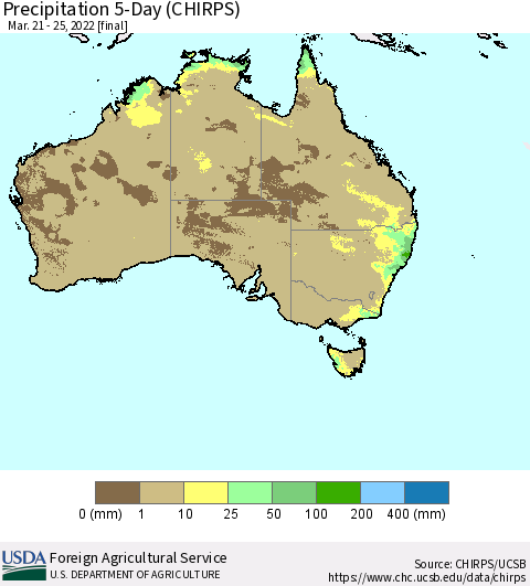 Australia Precipitation 5-Day (CHIRPS) Thematic Map For 3/21/2022 - 3/25/2022