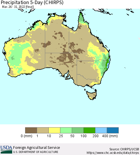 Australia Precipitation 5-Day (CHIRPS) Thematic Map For 3/26/2022 - 3/31/2022