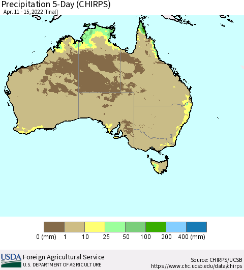 Australia Precipitation 5-Day (CHIRPS) Thematic Map For 4/11/2022 - 4/15/2022