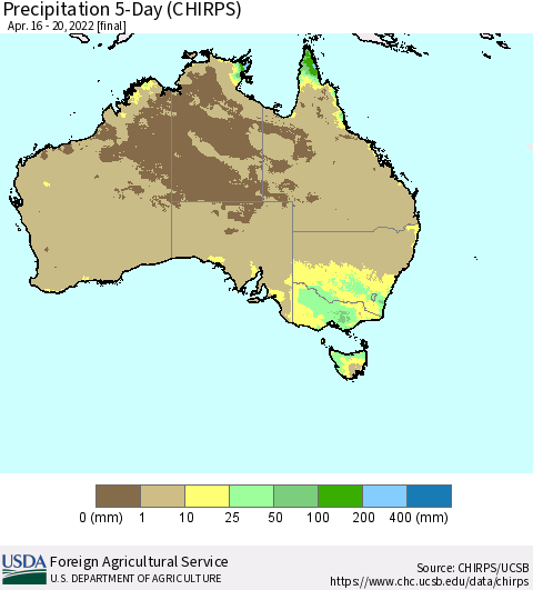 Australia Precipitation 5-Day (CHIRPS) Thematic Map For 4/16/2022 - 4/20/2022