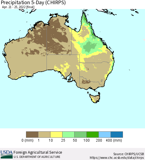 Australia Precipitation 5-Day (CHIRPS) Thematic Map For 4/21/2022 - 4/25/2022