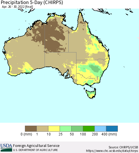 Australia Precipitation 5-Day (CHIRPS) Thematic Map For 4/26/2022 - 4/30/2022