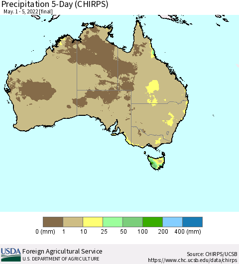 Australia Precipitation 5-Day (CHIRPS) Thematic Map For 5/1/2022 - 5/5/2022