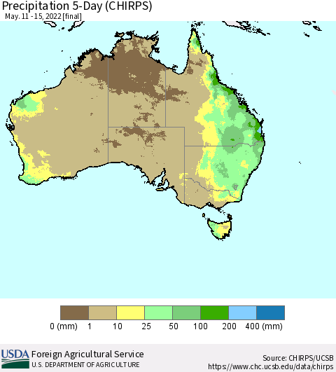 Australia Precipitation 5-Day (CHIRPS) Thematic Map For 5/11/2022 - 5/15/2022