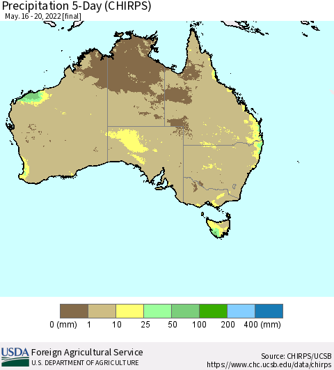 Australia Precipitation 5-Day (CHIRPS) Thematic Map For 5/16/2022 - 5/20/2022