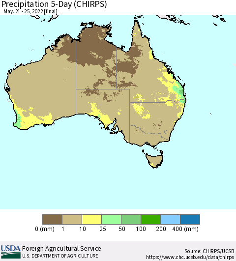 Australia Precipitation 5-Day (CHIRPS) Thematic Map For 5/21/2022 - 5/25/2022