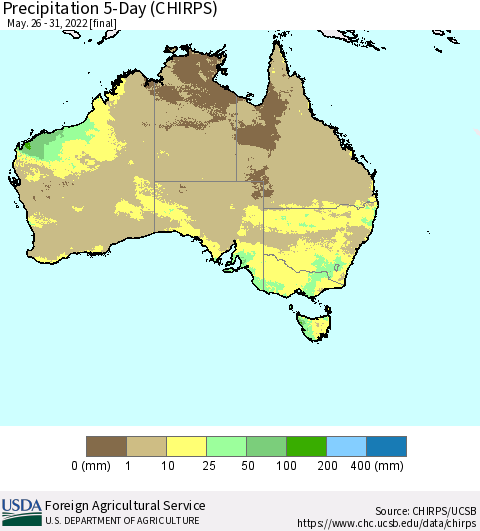 Australia Precipitation 5-Day (CHIRPS) Thematic Map For 5/26/2022 - 5/31/2022