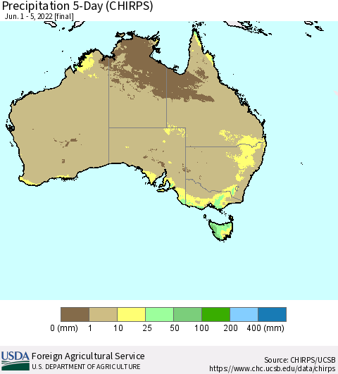 Australia Precipitation 5-Day (CHIRPS) Thematic Map For 6/1/2022 - 6/5/2022